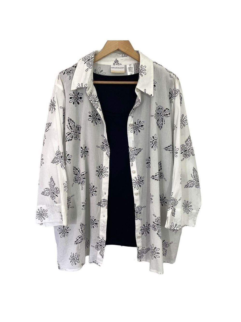 Alfred Dunner 100% Cotton Button Down Shirt + Tank Sz 22W White Navy Blue VGUC
